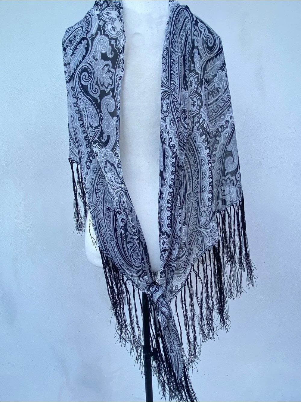 Whimsy Boho 100% Silk Black & White Fringe Triangle Shawl Scarf